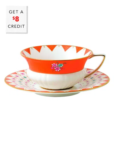 WEDGWOOD WEDGWOOD WONDERLUST PEONY DIAMOND TEACUP & SAUCER SET