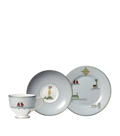 WEDGWOOD X KIT KEMP SAILOR'S FAREWELL TEACUP, SAUCER AND SIDE PLATE SET