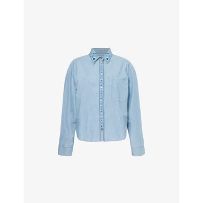 WEEKEND MAX MARA OMENS NAVY MUSETTE EMBROIDERED-COLLAR COTTON CHAMBRAY SHIRT