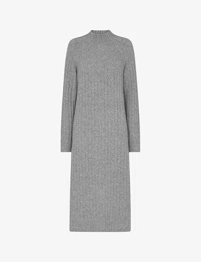 WHISTLES WOMENS GREY HIGH-NECK RELAXED-FIT STRETCH WOOL-BLEND MIDI DRESS XS