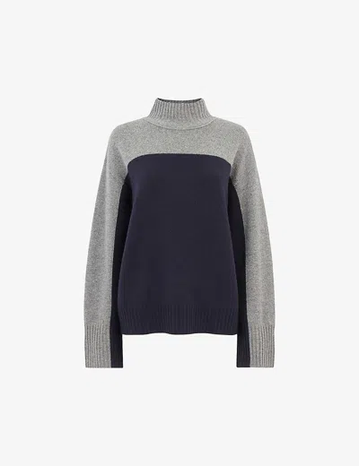 WHISTLES WOMENS BLUE COLOUR-BLOCK RELAXED-FIT WOOL JUMPER XS