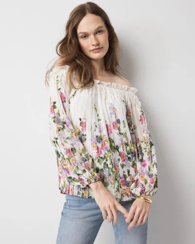 WHITE HOUSE BLACK MARKET OFF-THE-SHOULDER FLORAL PLEATED BLOUSE