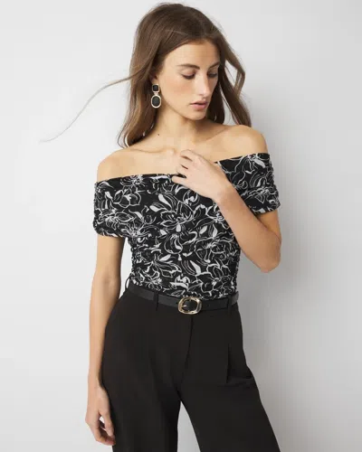 WHITE HOUSE BLACK MARKET OFF-THE-SHOULDER RUCHED MESH TOP