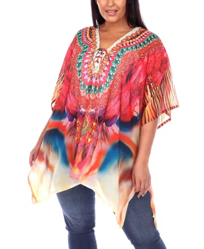 WHITE MARK PLUS SIZE SHORT CAFTAN WITH TIE-UP NECKLINE