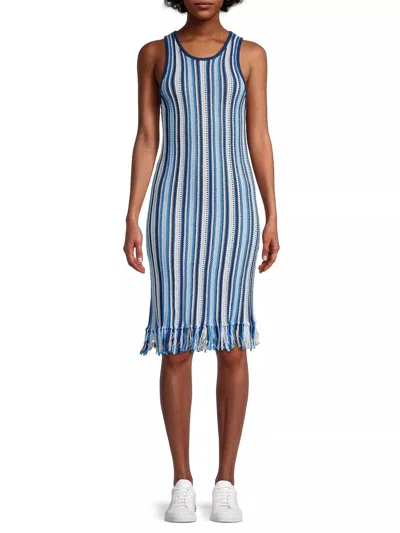 WHITE + WARREN MERCERIZED COTTON FRINGE DRESS IN BLUE COMBO