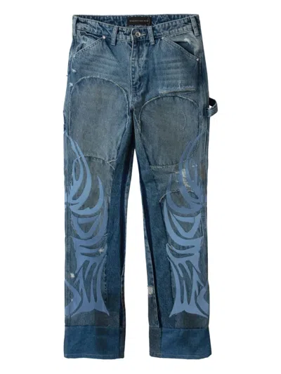 WHO DECIDES WAR FLAME-PATTERN PATCHED JEANS