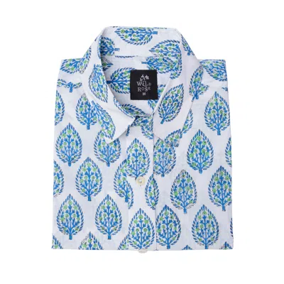 WILD ROSE MEN'S BLUE / WHITE OL-TARAKWA HAND BLOCK PRINT COTTON LONG SLEEVED FLORAL SHIRT
