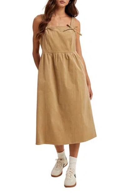 WISHLIST WISHLIST CORDUROY BOW STRAP OVERALLS MIDI DRESS