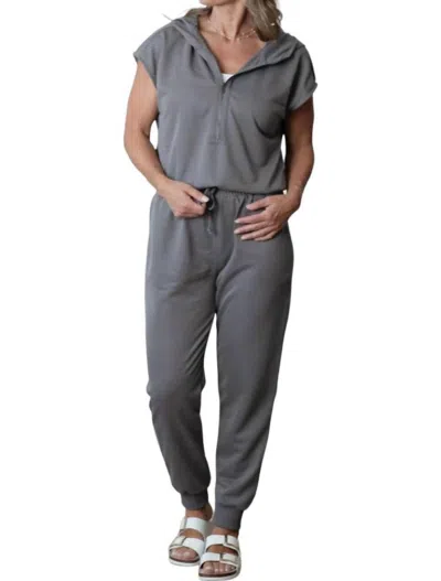 WISHLIST FRENCH TERRY HOODED JUMPSUIT IN CHARCOAL