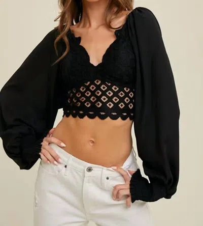 WISHLIST SCALLOPED LONG SLEEVE CROPPED TOP IN BLACK