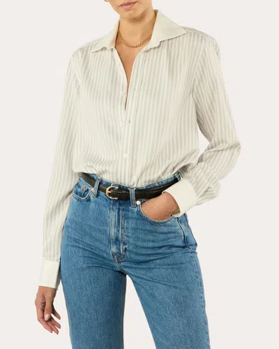 WITH NOTHING UNDERNEATH WOMEN'S THE BOYFRIEND STRIPE TENCEL CONTRAST BUTTON-UP SHIRT