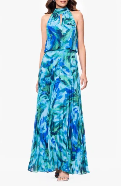 XSCAPE EVENINGS XSCAPE EVENINGS ABSTRACT FLORAL PLEATED CHIFFON GOWN