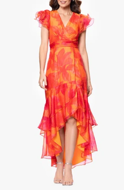 XSCAPE EVENINGS XSCAPE EVENINGS METALLIC FLORAL HIGH LOW GOWN