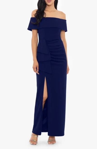 XSCAPE EVENINGS XSCAPE EVENINGS RUCHED OFF THE SHOULDER CREPE GOWN