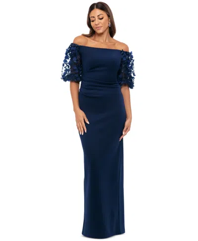 XSCAPE PETITE LACE OFF-THE-SHOULDER SLEEVE GOWN