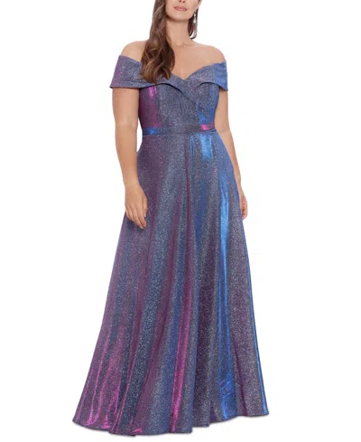 XSCAPE PLUS SIZE OFF-THE-SHOULDER GLITTER GOWN