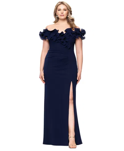 XSCAPE PLUS SIZE RUFFLED SIDE-SLIT EVENING GOWN