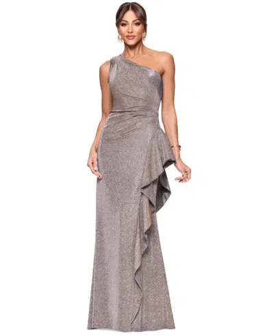 XSCAPE WOMEN'S GLITTER KNIT ONE-SHOULDER GOWN