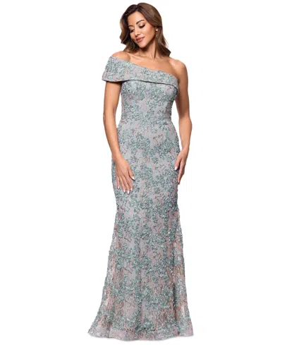 XSCAPE WOMEN'S ONE-SHOULDER SOUTACHE LACE GOWN