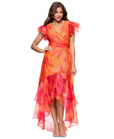 XSCAPE WOMEN'S PRINTED FLUTTER-SLEEVE RUFFLE-TRIM DRESS