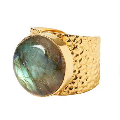 YAA YAA LONDON WOMEN'S GOLD / BLUE / GREEN LABRADORITE GEMSTONE EARTH ADJUSTABLE GOLD RING