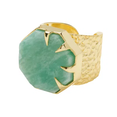 YAA YAA LONDON WOMEN'S GREEN / GOLD HOLD ON AMAZONITE GEMSTONE GOLD ADJUSTABLE STATEMENT RING