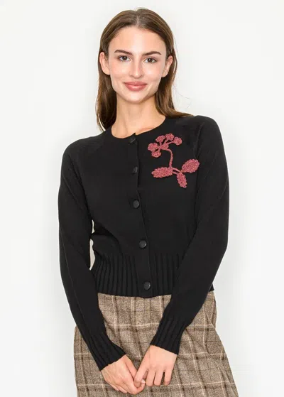 YAL NEW YORK BLACK KNIT CARDIGAN WITH SUBTLE EMBROIDERY
