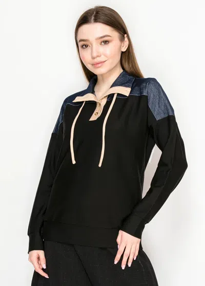 YAL NEW YORK DENIM-TRIMMED PULLOVER WITH TIE COLLAR