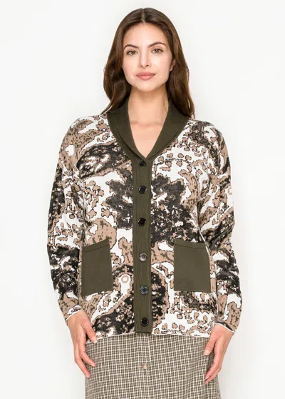 YAL NEW YORK PRINTED OLIVE KNIT CARDIGAN WITH POCKETS