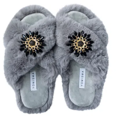 YOMISMA WOMEN'S FAUX FUR SLIPPERS - GLOBAL RECYCLED STANDARD CERTIFIED WITH BLACK JEWEL EMBELLISHMENTS - GRE