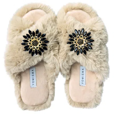 YOMISMA WOMEN'S NEUTRALS FAUX FUR SLIPPERS - GLOBAL RECYCLED STANDARD CERTIFIED WITH BLACK JEWEL EMBELLISHME