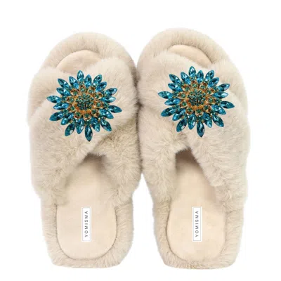 YOMISMA WOMEN'S NEUTRALS ECO FAUX FUR SLIPPERS – RECYCLED FAUX FUR + TURQUOISE REMOVABLE BROOCHES - BEIGE