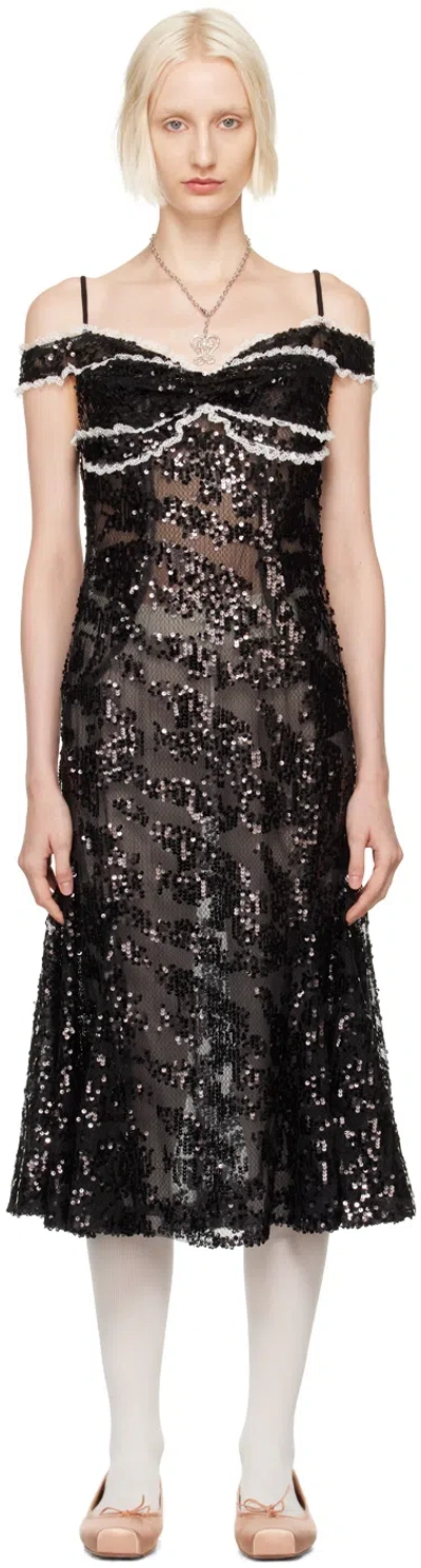 YUHAN WANG BLACK OFF SHOULDER SEQUIN MIDI DRESS