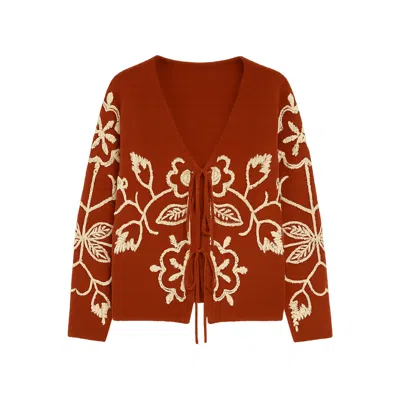 YUMI WOMEN'S YUMI BROWN FOLK EMBROIDERED TIE FRONT CARDIGAN