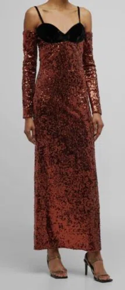 ZAC POSEN $1290 ZAC POSEN WOMEN'S BROWN SILK SEQUIN VELVET COLD-SHOULDER DRESS SIZE 8