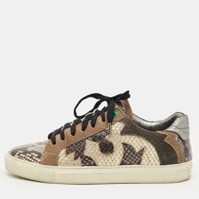 ZADIG & VOLTAIRE MULTICOLOR PYTHON EMBOSSED LEATHER AND SUEDE TRAINER SNEAKERS SIZE 38