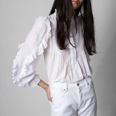 ZADIG & VOLTAIRE $378 ZADIG & VOLTAIRE TIMMY TOMBOY RUFFLED TUNIC BLOUSE SHIRT WHITE SIZE S