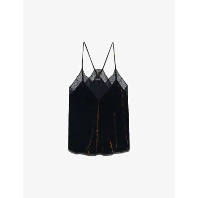 ZADIG & VOLTAIRE WOMENS COGNAC CHRISTY LACE-TRIM VELVET CAMISOLE TOP