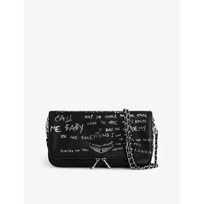 ZADIG & VOLTAIRE WOMENS BLACK ROCK GRAFFITI LOGO-EMBELLISHED LEATHER CLUTCH