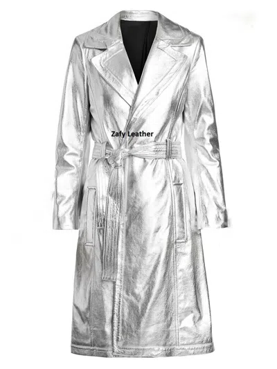 ZAFY LEATHER BRANDNEU DAMEN SILBER METALLIC TRENCHCOAT WEICH SCHAFSFELL SLIM FIT MANTEL ZL123