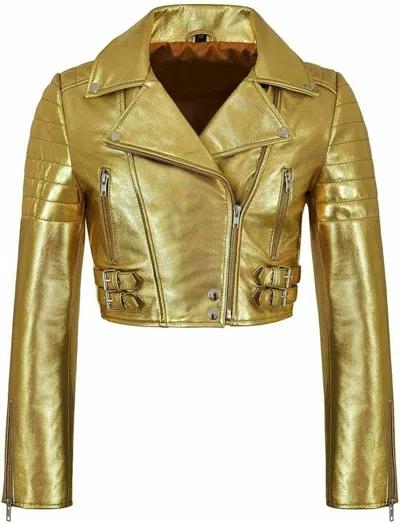 ZAFY LEATHER NEU DAMEN METALLIC GOLD ABGESCHNITTEN MOTORRAD FOLIERTES LEDER BIKERJACKE ZL351
