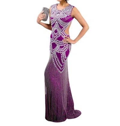 ZASA CHIC BEADED FRINGE CUT-OUT GOWN IN PLUM