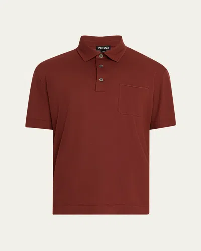 ZEGNA MEN'S COTTON POLO SHIRT WITH LEATHER-TRIM POCKET