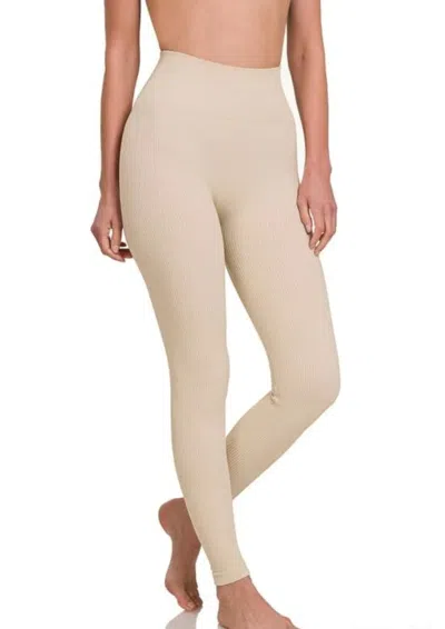 ZENANA RIBBED SEAMLESS HIGH WAISTED LEGGING IN SAND BEIGE