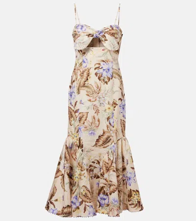 ZIMMERMANN COCO BOW-DETAIL FLORAL LINEN MIDI DRESS