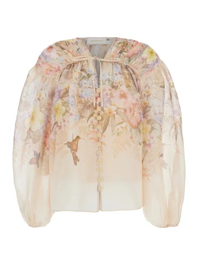 ZIMMERMANN ZIMMERMANN 'ILLUMINATE'BEIGE BLOUSE WITH PUFFED SLEEVES AND ALL-OVER FLORAL PRINT IN LINEN AND SILK 
