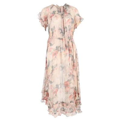 ZIMMERMANN RADIATE CASCADE FLORAL-PRINT MIDI DRESS IN MULTICOLOR SILK