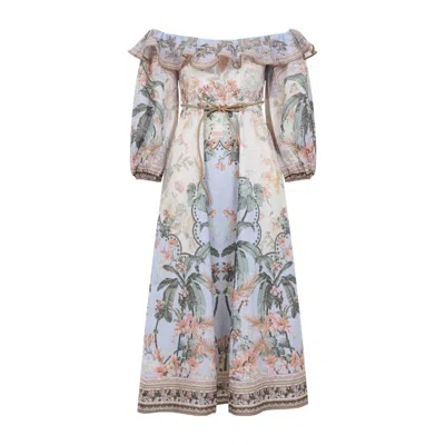 ZIMMERMANN ZIMMERMANN WYLIE OFF SHOULDER BLUE LINEN MINI DRESS