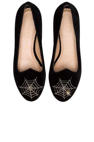 CHARLOTTE OLYMPIA Charlotte'S Web Velvet Flats In Black & Gold