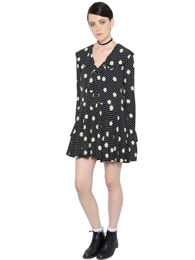SAINT LAURENT Ruffled Daisy Printed Crepe Dress, Black/White